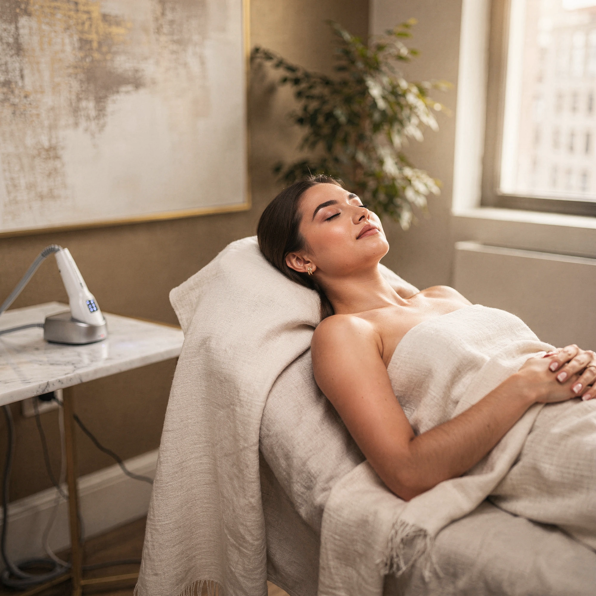 Patient relaxing during laser skin resurfacing treatment at Natural Beauty Fifth Avenue